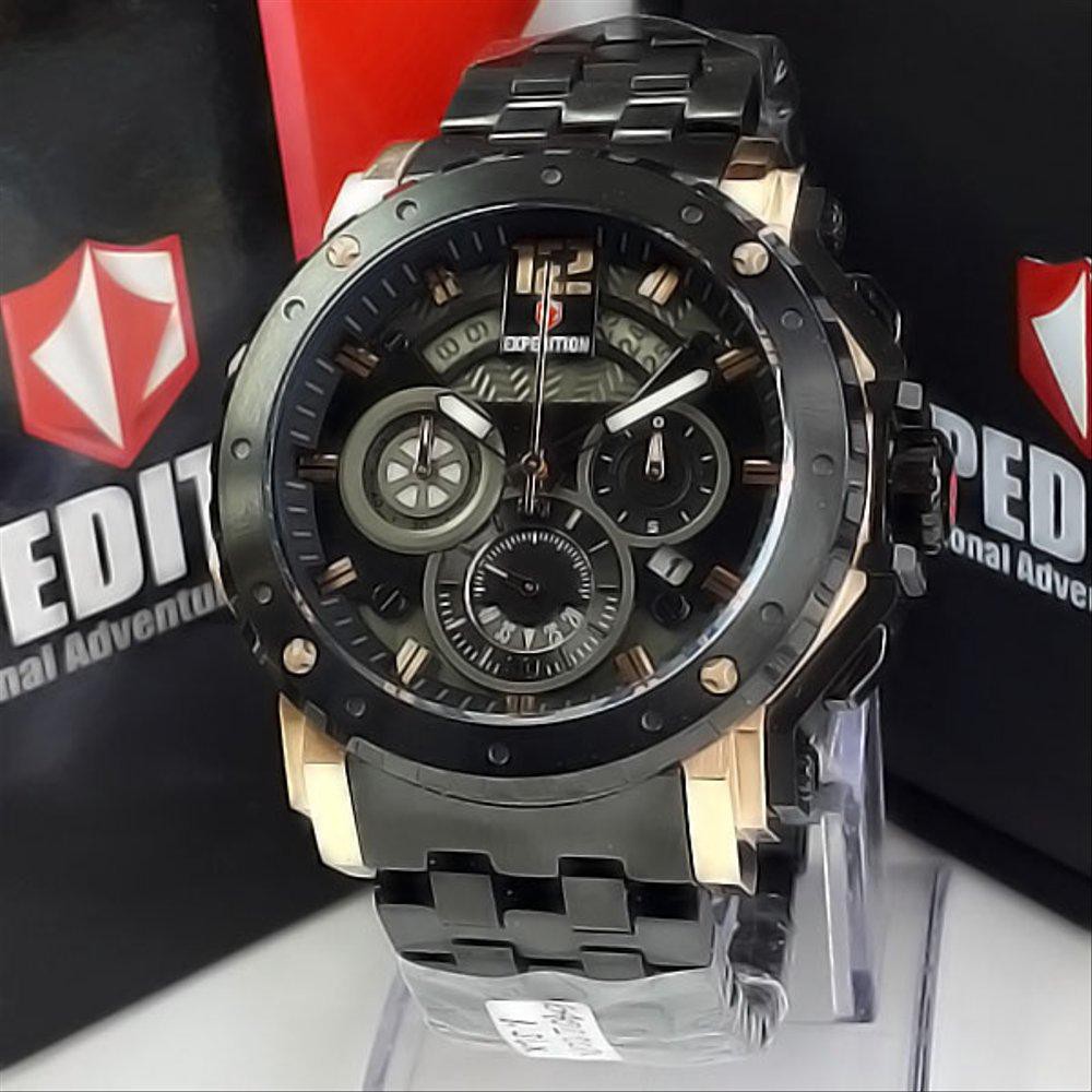 Ready Jam Tangan Pria Expedition 6402 Original Rantai Hitam Rosegold Sporty Limited