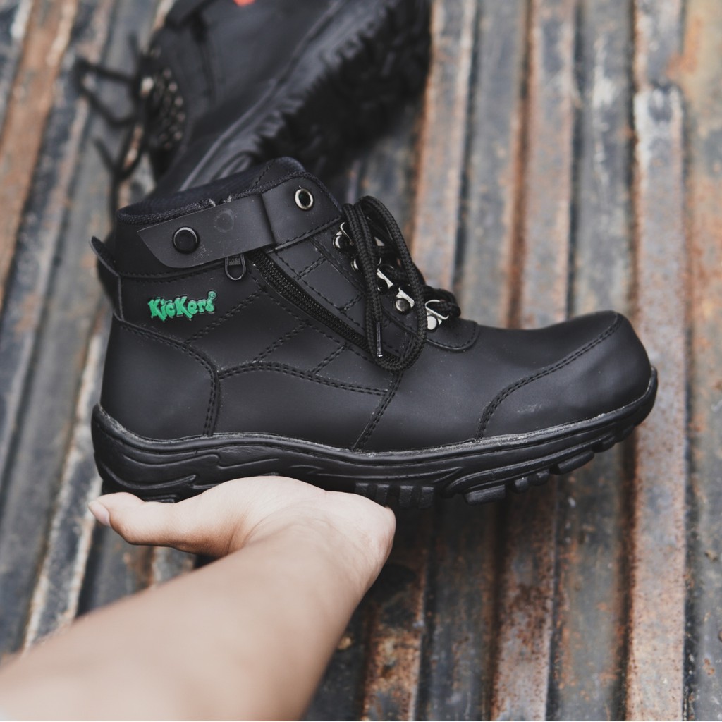 Sepatu Savety Boots Pria Kickers Morisey Hitam Ujung Besi Bots Sefty Kerja Lapangan Outdoor Hiking