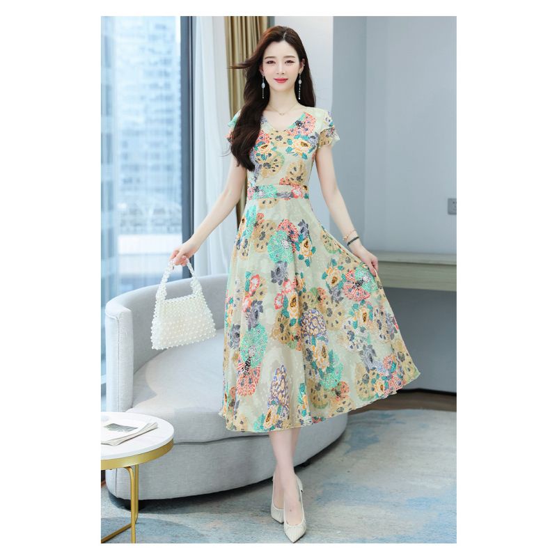 Dress atasan wanita   motif bunga rame sifon Korea lengan pendek elegant