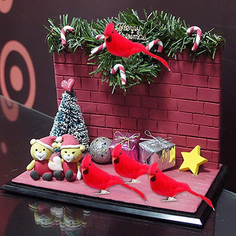 4pcs Klip On Desain Burung Warna Merah Untuk Dekorasi Pohon Natal