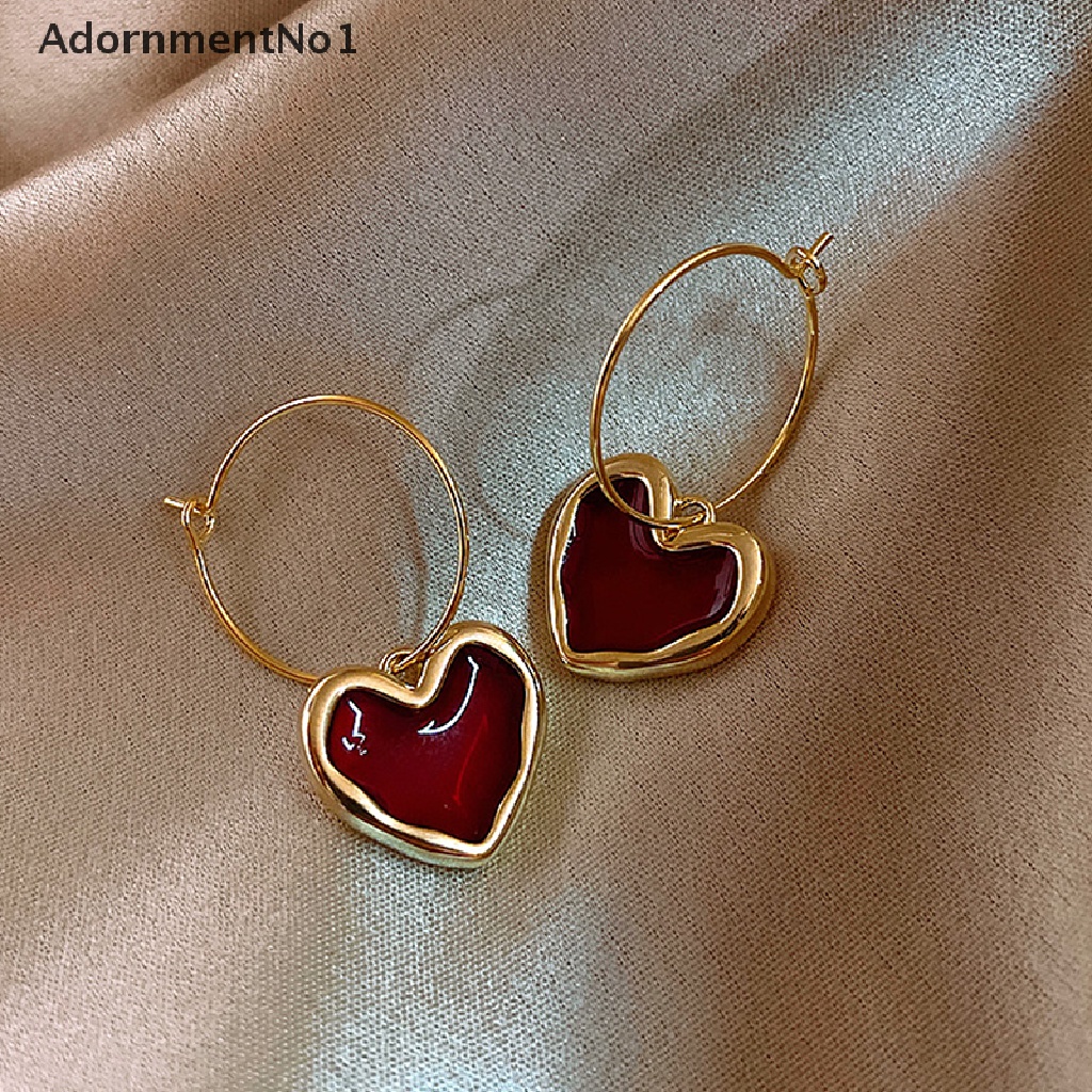 (AdornmentNo1) Anting Gantung Hati Enamel Warna Burgundy Untuk Wanita