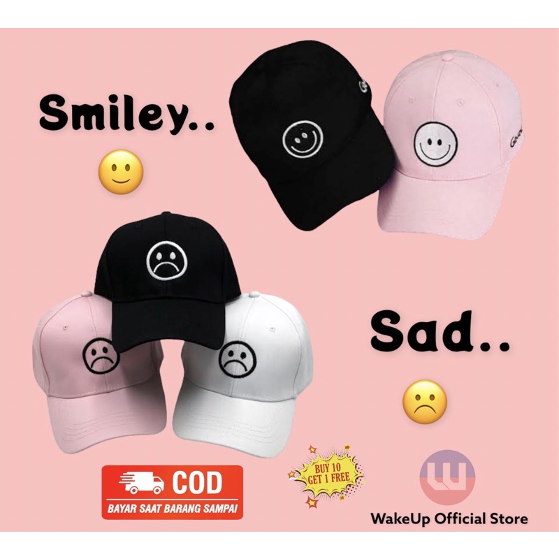 Topi Baseball Pria Wanita dewasa Bordir Smiley Sad