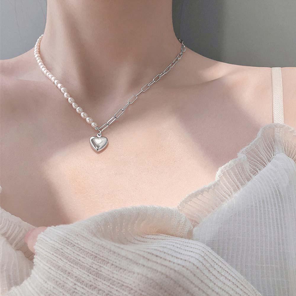 Mxbeauty Kalung Rantai Tembaga Liontin Hati Asimetris Hias Mutiara Untuk Wanita