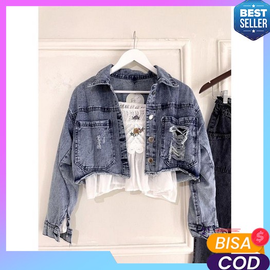 Celyn Jaket Crop Jeans Black Snow Oversize Kualitas Import Jaket Jeans Ripped Crop