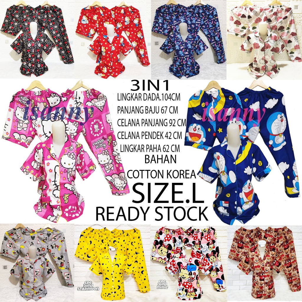 ISANNY PIYAMA SET 31N1 SIZE.L PIYAMA BEAR LOVE 3IN1/PIYAMA HK POLKA DEWASA 3IN1/READY STOK