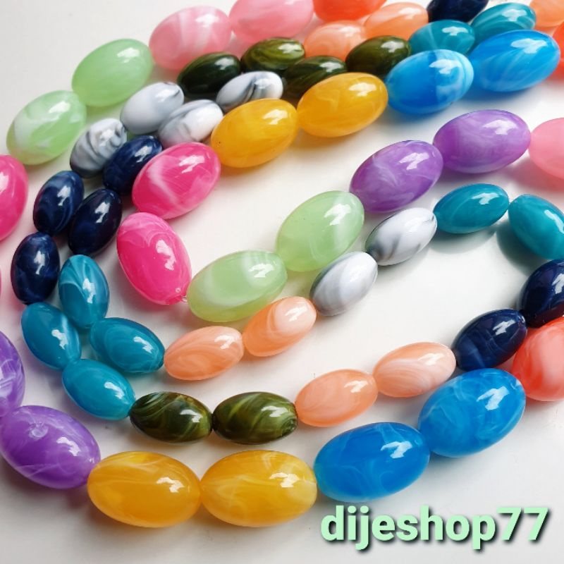 Manik manik Batu Oval Marmer Candy Alami ( per String dengan tali senar karet ) / Batu Manik Oval Gi