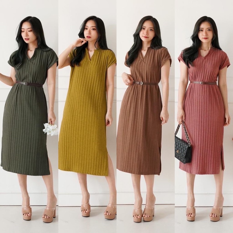 dress knit fit body+belt import.dress 7/8 rajut polos wanita.dress fashion kekinian.dress bkk murah