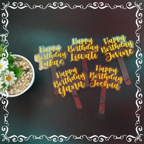JUAL Topper Happy Birthday Bahan Akrilik Transparan Tulisan Warna Emas Topper kue Custom 1 HARI happ
