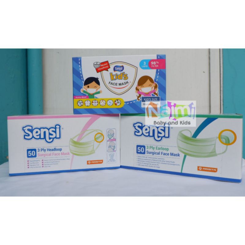 ORIGINAL Sensi Surgical Face Mask Earloop Headloop 50 / Masker Kids Anak 40 / Convex 4 ply 20pc