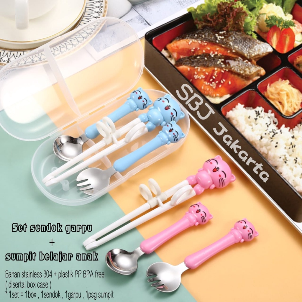 Alat makan Sendok Garpu sumpit Set anak / Set sendok sumpit belajar anak lengkap dengan case