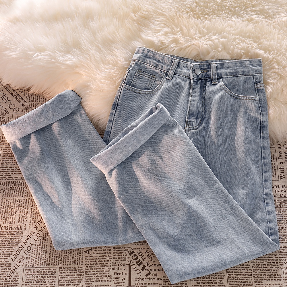 Krem/Biru high waist celana jeans panjang wanita murah（realpict）