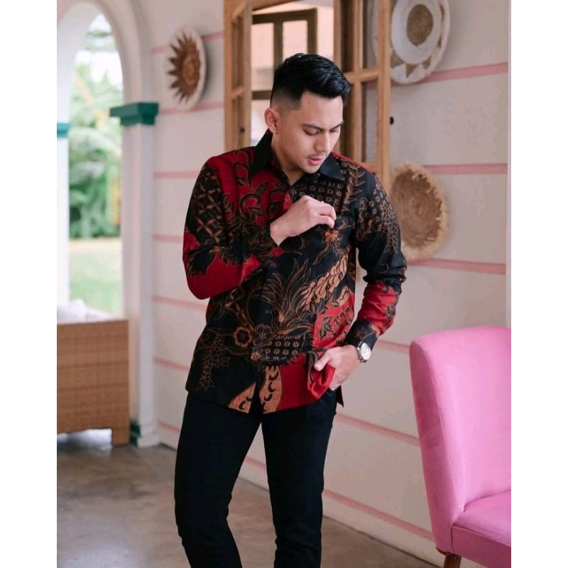 BATIK KASUAL WARNA MERAH KEMEJA BATIK FORMAL / PESTA TERBRU BATIK LENGAN PANJANG WARNA MERAH