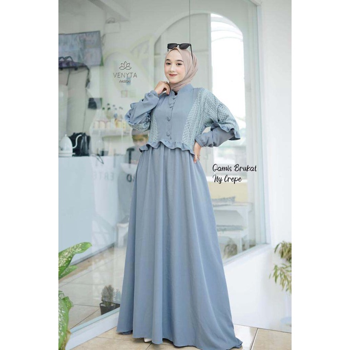 Gamis ItyCrepe Kombinasi brokat Rania Dress Baju Muslim Wanita Terbaru Bahan Itycrepe Premium Busui 