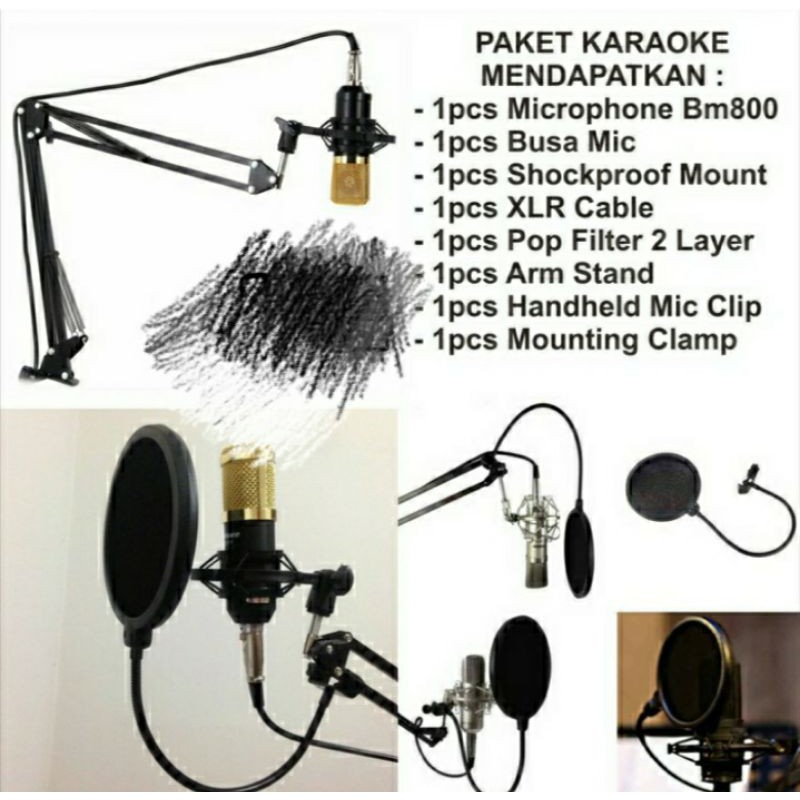 Full Paket Komplit Recording Microphone BM800 Stand Mic+Pop Filter