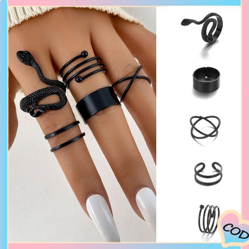 COD❤️ 5PCS kreatif ms. Jane cincin wanita menggabungkan cincin ular hitam geometri-A.one