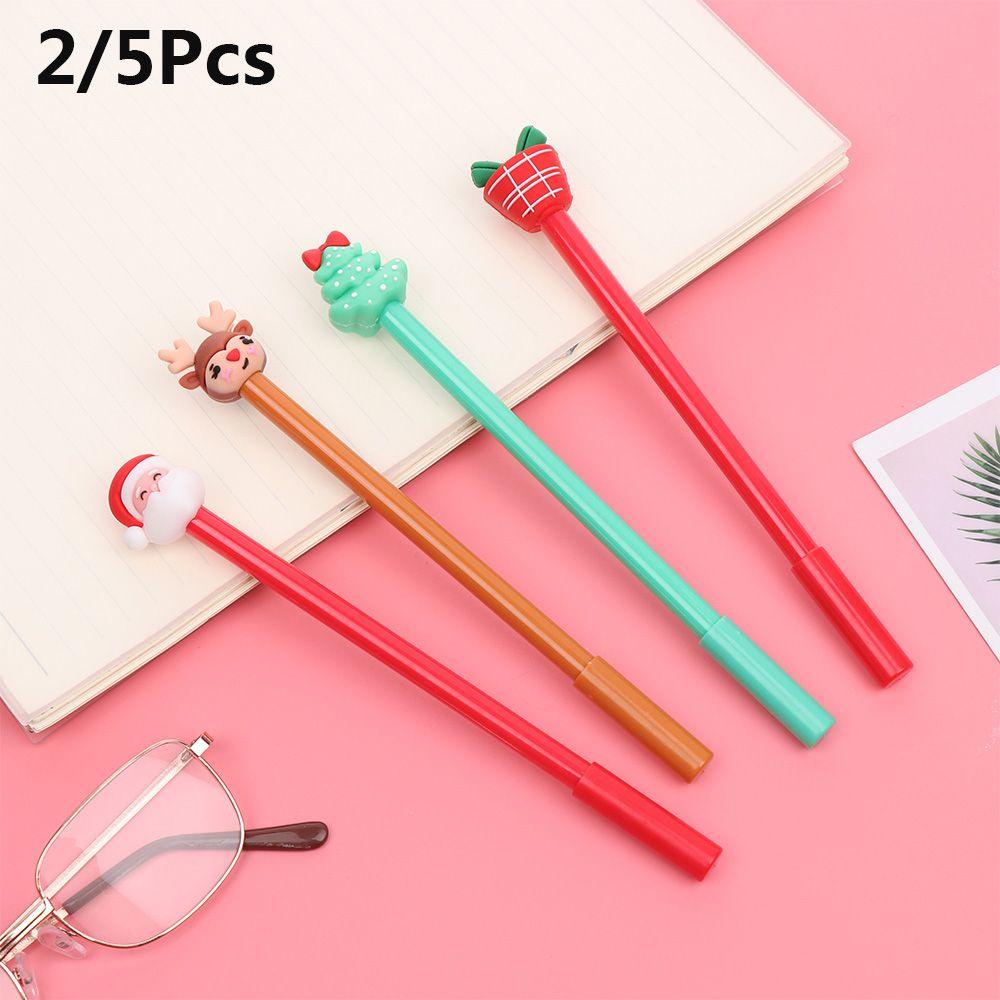 R-flower 2 / 5 Pcs Pulpen Gel Motif Santa Claus / Snowman / Natal Untuk Tanda Tangan / Hadiah