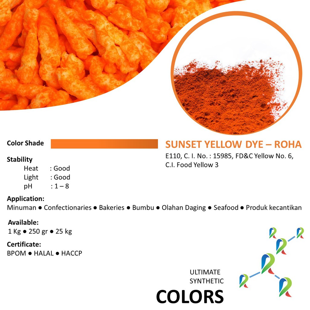 

Pewarna Makanan Sunset Yellow Packing 1 Kg, 250 gr - PT Roha Lautan Pewarna
