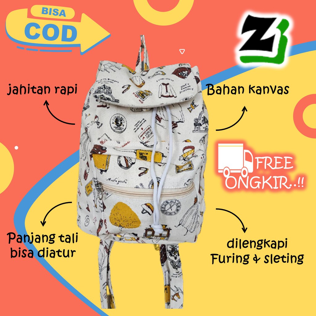 Tas ransel wanita cewek Perempuan Cewe remaja Sekolah kuliah kerja kanvas kekinian serut murah A6-fashion