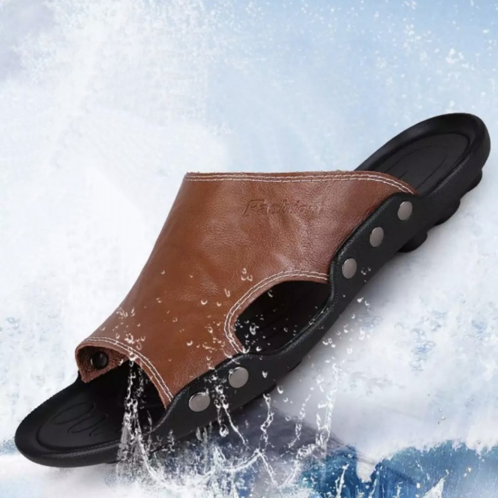 LUTTON - Sandal slide pria terbaru - SANDAL SLOP FASHION-COKLAT