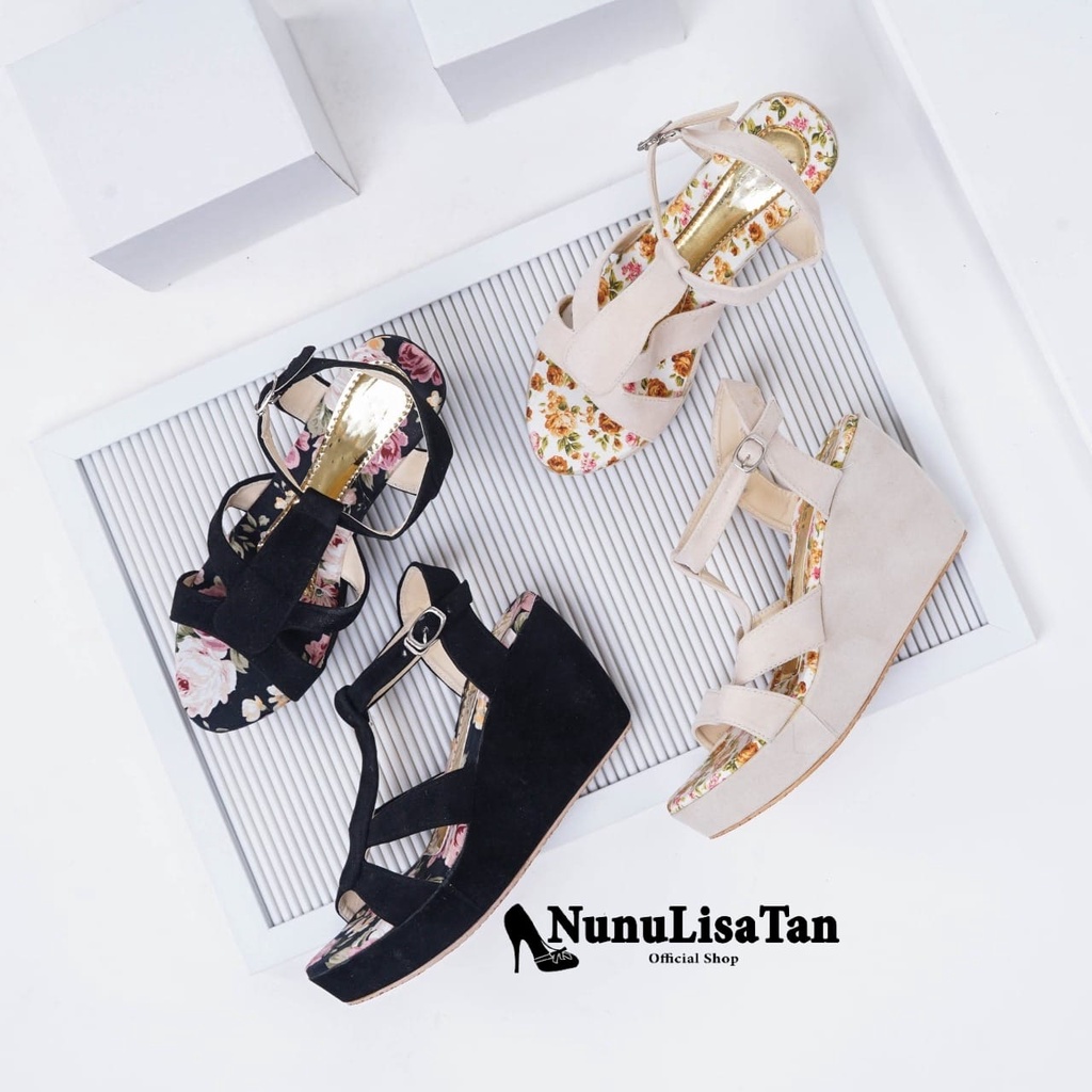 NunuLisaTan Wedges Wanita Pesta Santai Tali T-Strap TATAK BUNGA 7CM