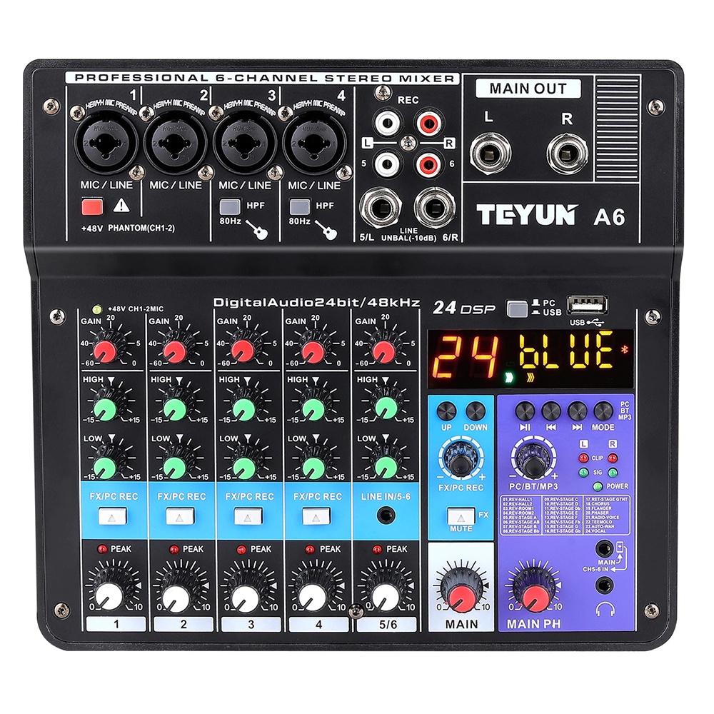 TEYUN Wireless Sound Mixing Console Mixer 6 Channel Phantom Power 48V - A6