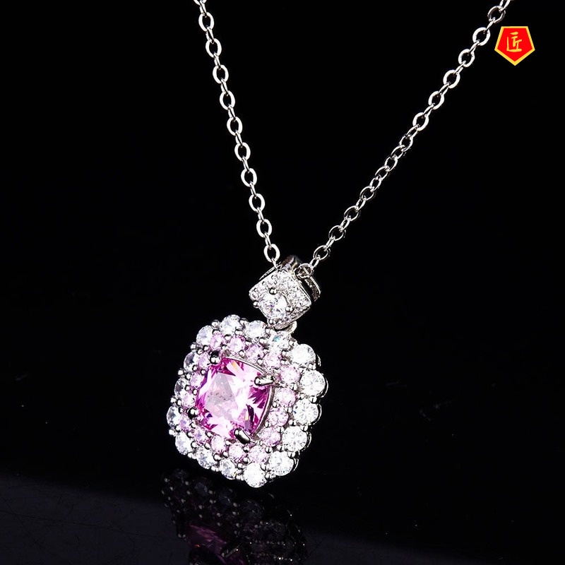 [Ready Stock]Pink Square Diamond Group Inlaid Zircon Colored Gems Pendant Women's Fashion All-Matching