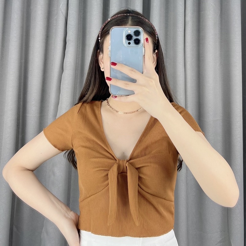 Crop top Vneck bow 100  | Crop top pita | Atasan crop korea