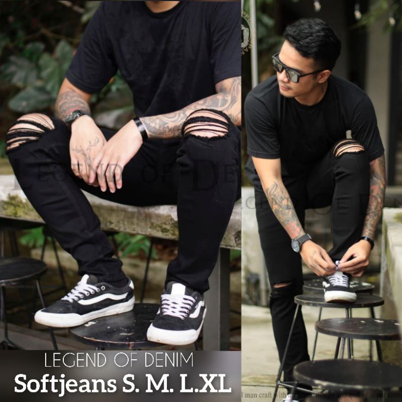 Celana Jeans Pria Ripped Sobek Lutut Puring Warna Hitam Black