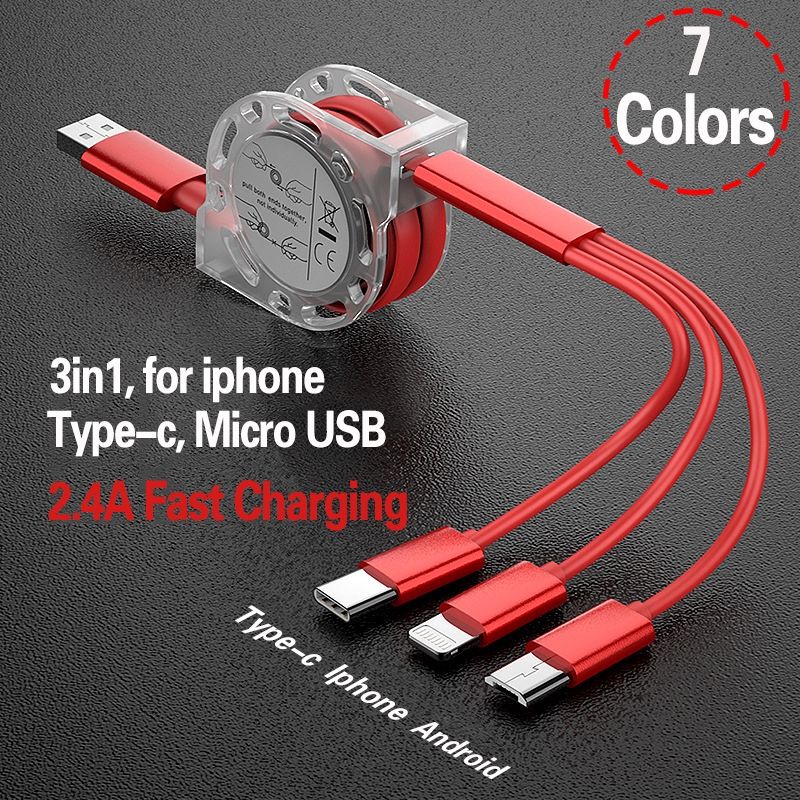 3in1 Kabel Data Charger Micro USB Tipe C Retractable Untuk iPhone Android