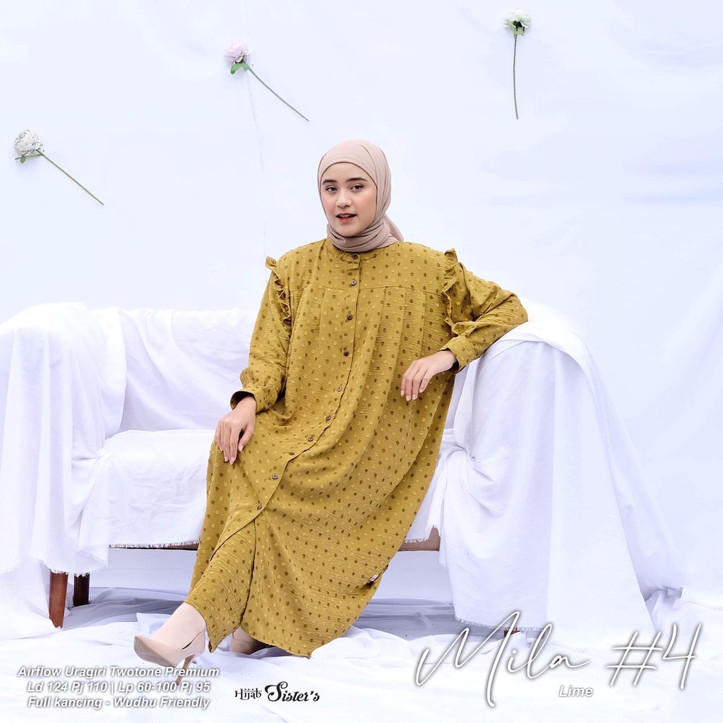 Hijab Sisters Mila One Set Baju Setelan Wanita Long Tunik Bahan Airflow Premium LD 124-Lime