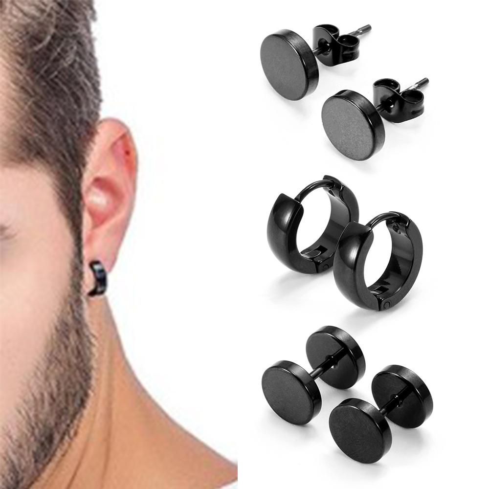 Nanas 4pasang/Set Piercing Ear Studs Wanita Pria Gothic Surgical Steel Warna Hitam Tulang Rawan Helix Menjuntai Drop Stud