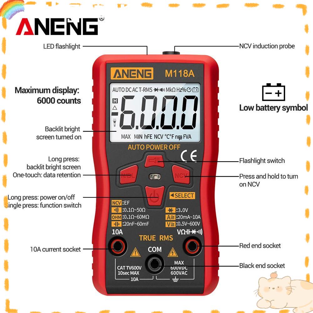 Solighter Multimeter Digital Mini ANENG M118A Auto M Multimetro Tranistor Dengan NCV Presisi Tinggi