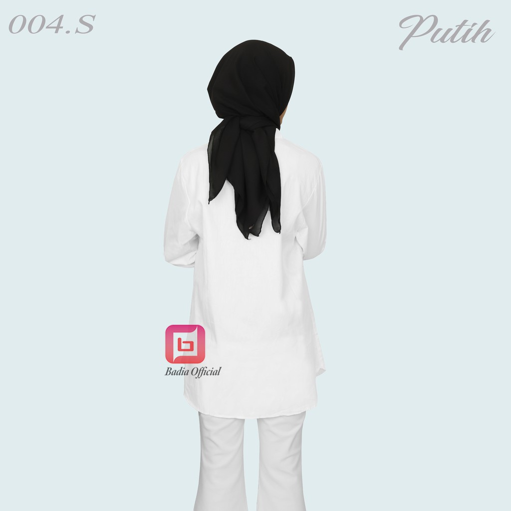 kemeja tunik putih polos tanpa kerah v neck sanghai kantong panjang nututupi pantat sampai jumbo wanita permium