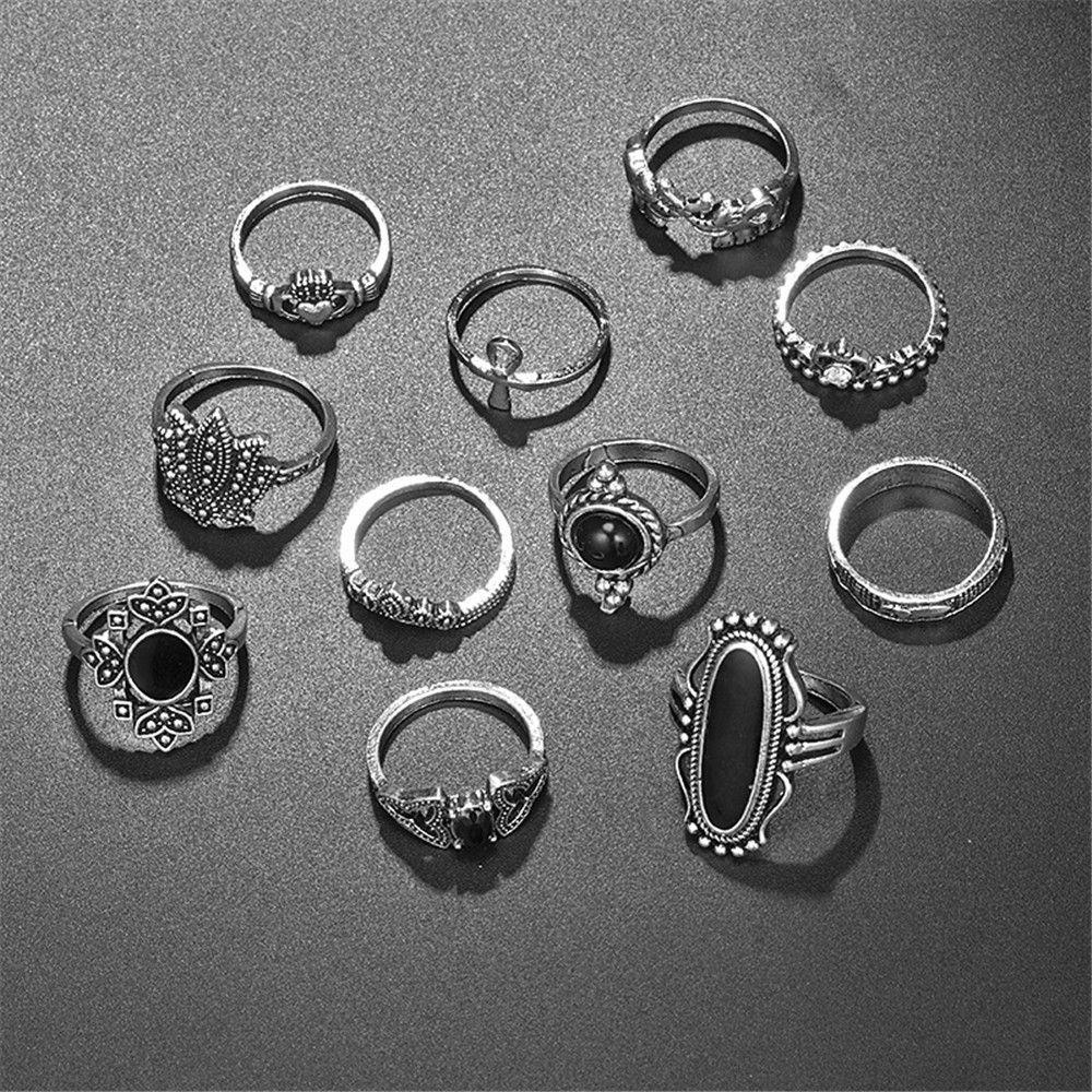 Preva 11pcs/Set Cincin Wanita Set Punk Pernikahan Batu Hitam Gaya Gothic