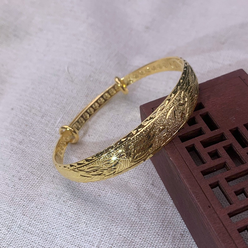 Gelang Emas Emas Asli Kadar 375 Model Datar Lebar Motif Naga Dan Phoenix Gaya Klasik Untuk Wanita