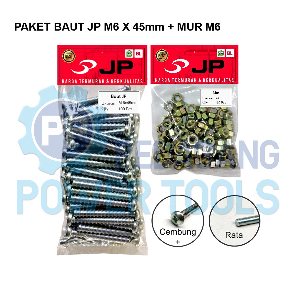 PAKET 2 SET BAUT MUR 6x45 BAUT JP M 6 x 45 MM MUR M6 SKRUP ISI 100 PCS