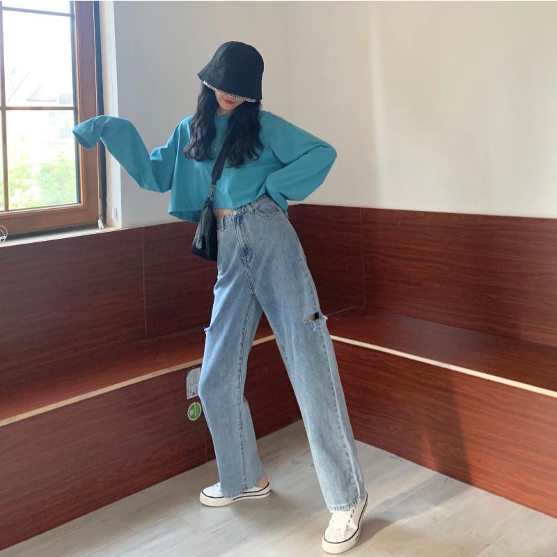 Ukuran Jumbo korean style new lubang biru muda kekinian high waist celana jeans panjang wanita