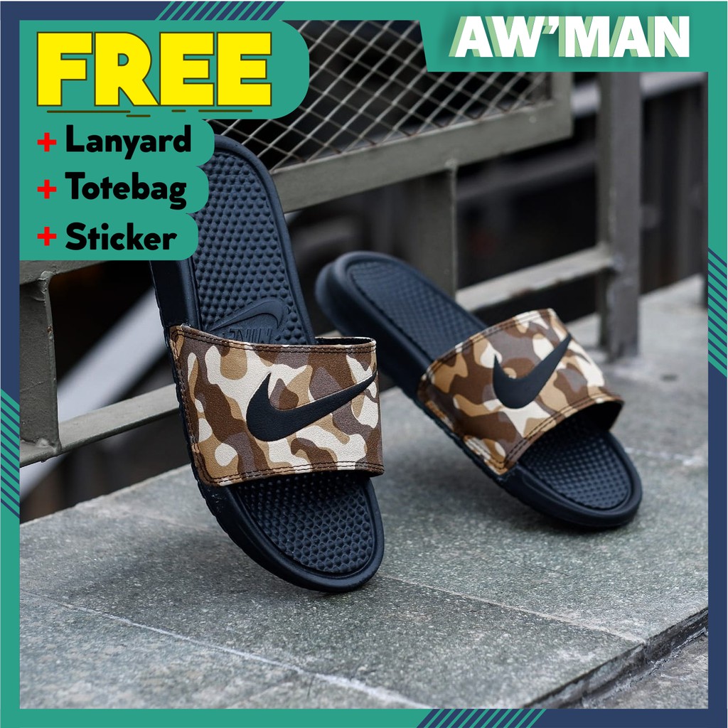 Sandal Nike Benassi Camo Brown Swosh Black - Sendal Original Pria Wanita - Sandal Selop Slop Slide