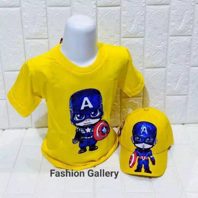 Paket 2in1 kaos anak distro LED CAPTAIN AMERIKA + topi led uk 2-10tahun