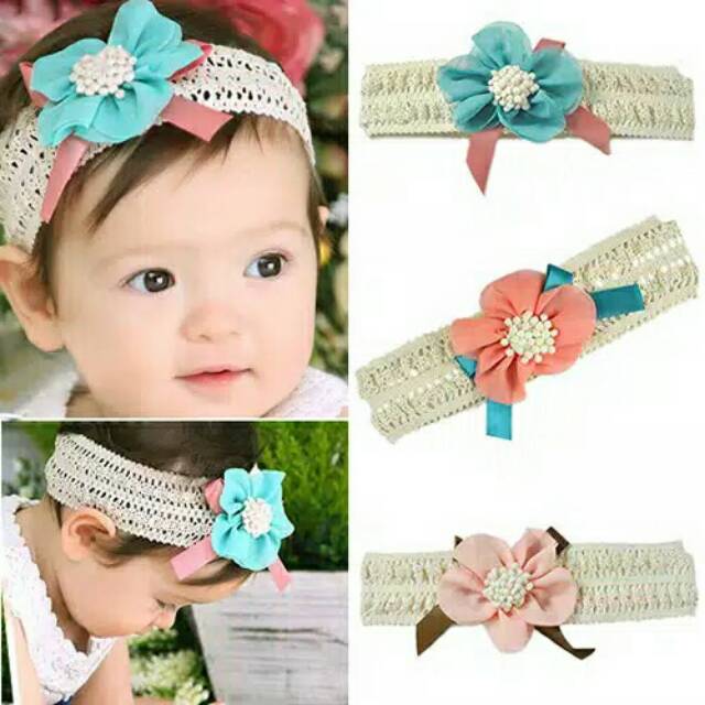 B22  Bandana bayi / headband bayi motif bunga berpita