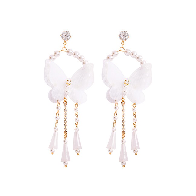 LRC Anting Tusuk Fashion White Alloy Diamond-encrusted Mesh Pearl Tassel Earrings F70131