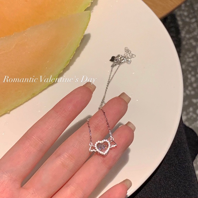 Roselife Kalung Rantai Dengan Liontin Hati + Sayap Cupid Aksen Kristal Untuk Wanita