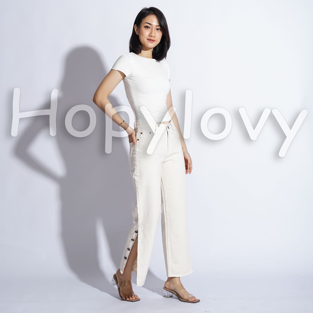 HOPYLOVY - Celana Boyfriend Jeans Model Kulot Kancing Samping Cream Arabela