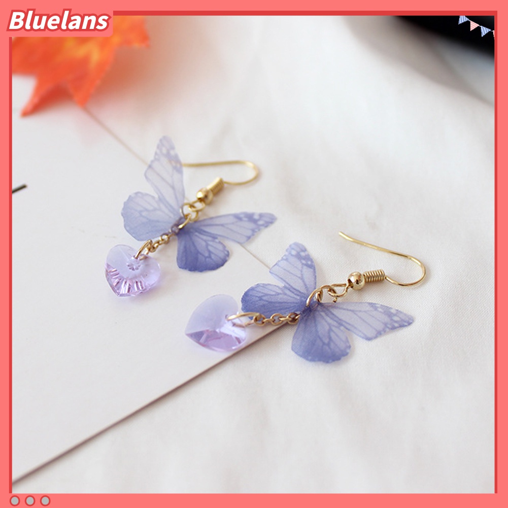 Anting Kait Panjang Menjuntai Desain Butterfly Heart Gaya Elegan Untuk Wanita