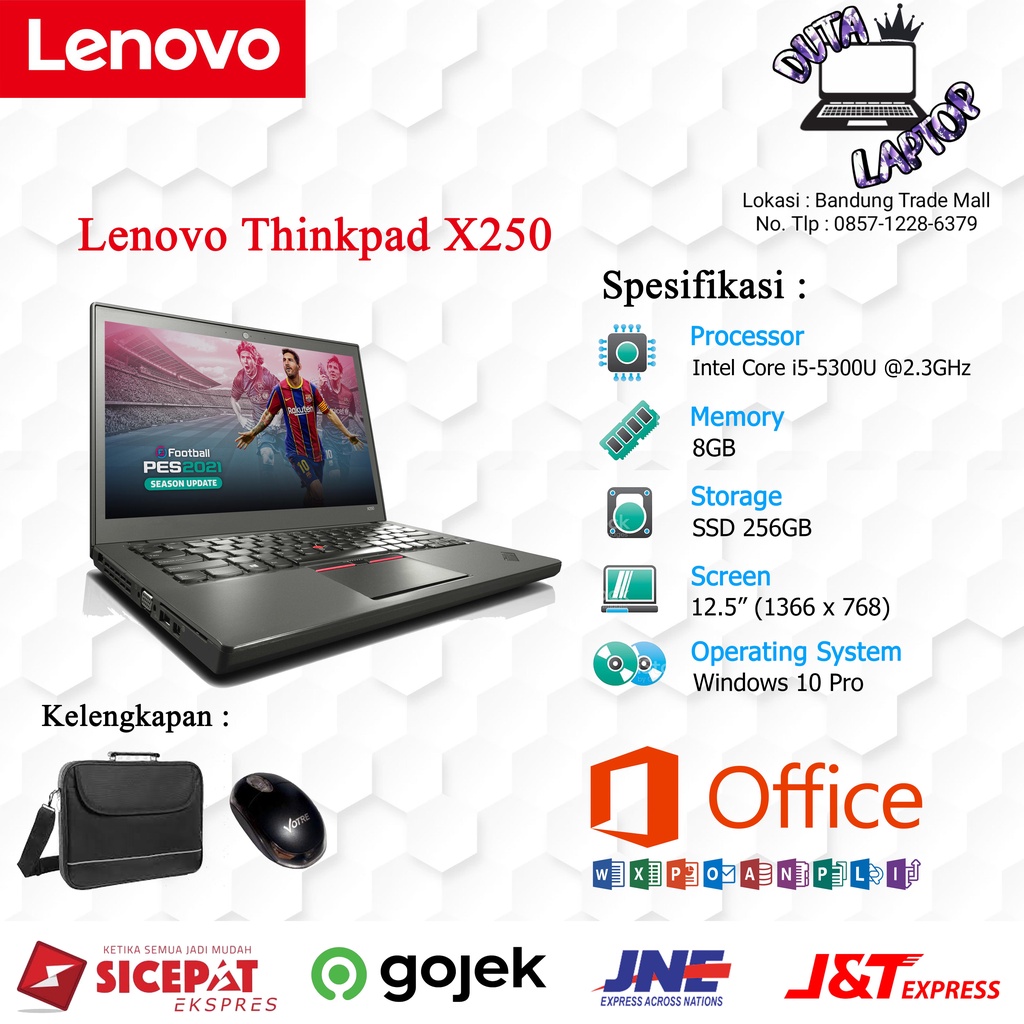laptop lenovo thinkpad x250 core i5 5300u ram 8gb ssd 256gb 12  win 10 original