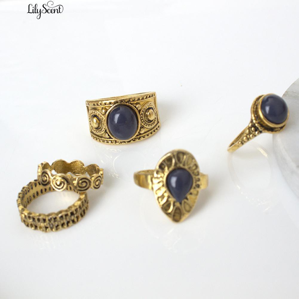 [Bayar Di Tempat]5 Pcs / Set Bohemian Vintage Biru Batu Paduan Cincin Jari Perhiasan Wo Menawan