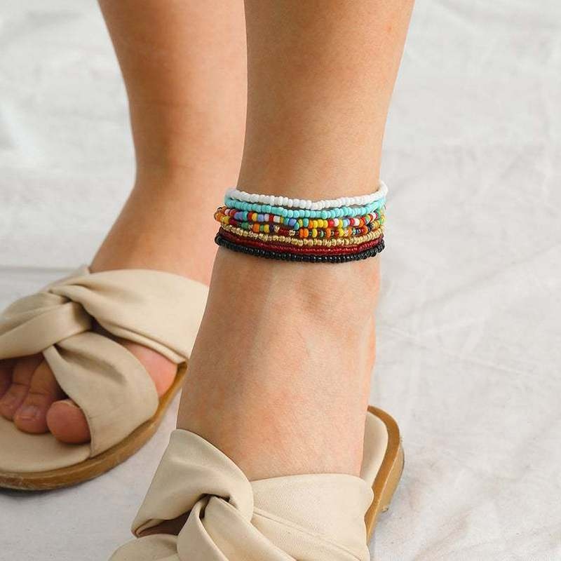 7pcs / Set Gelang Kaki Manik-Manik Warna-Warni Elastis Gaya Bohemian Untuk Wanita