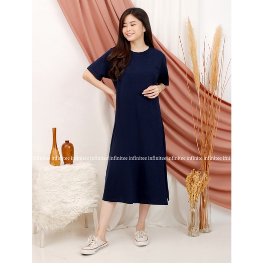 Dress Wanita Midi Polos Bahan Katun Slit Dress Korea Dress Kasual