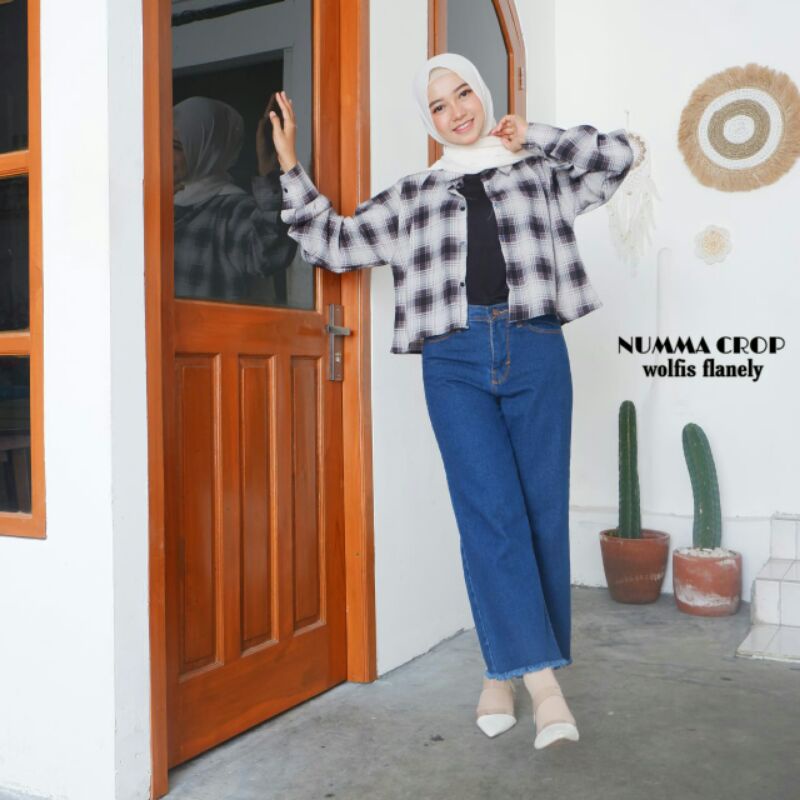 BLOUSE TARTAN LENGAN BALON MIZU KOREAN STYLE | KEMEJA MODEL FLANEL WANITA NUMMA-5