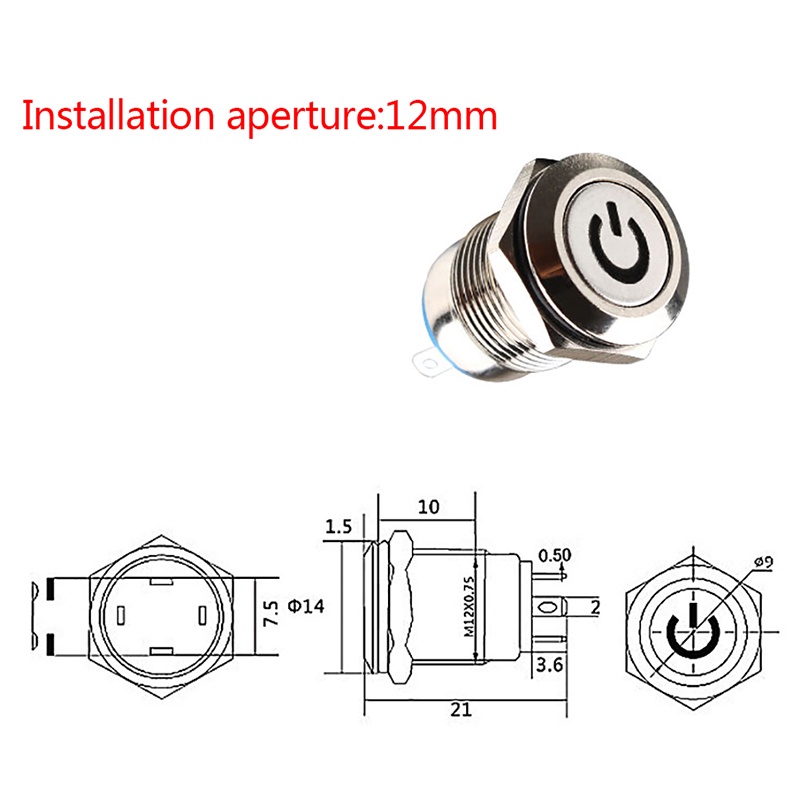 (LUCKID) Tombol Tekan 12mm 12V Bahan Metal Warna Hitam Dengan Lampu LED Power Switch